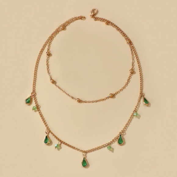 Water Drop Green Tear Shaped Layered Gold Necklace - Picture 2 of 7